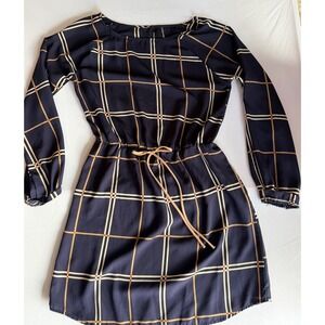Peppermint Navy Blue Grid Plaid Long Sleeve Drawstring Mini Dress Made in USA